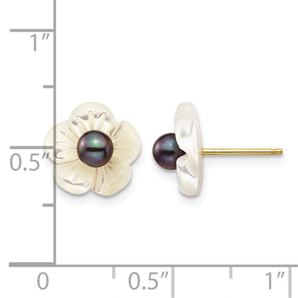 14k 3-4mm Black FW Cultured Pearl w/10 mm MOP Flower Post Earrings