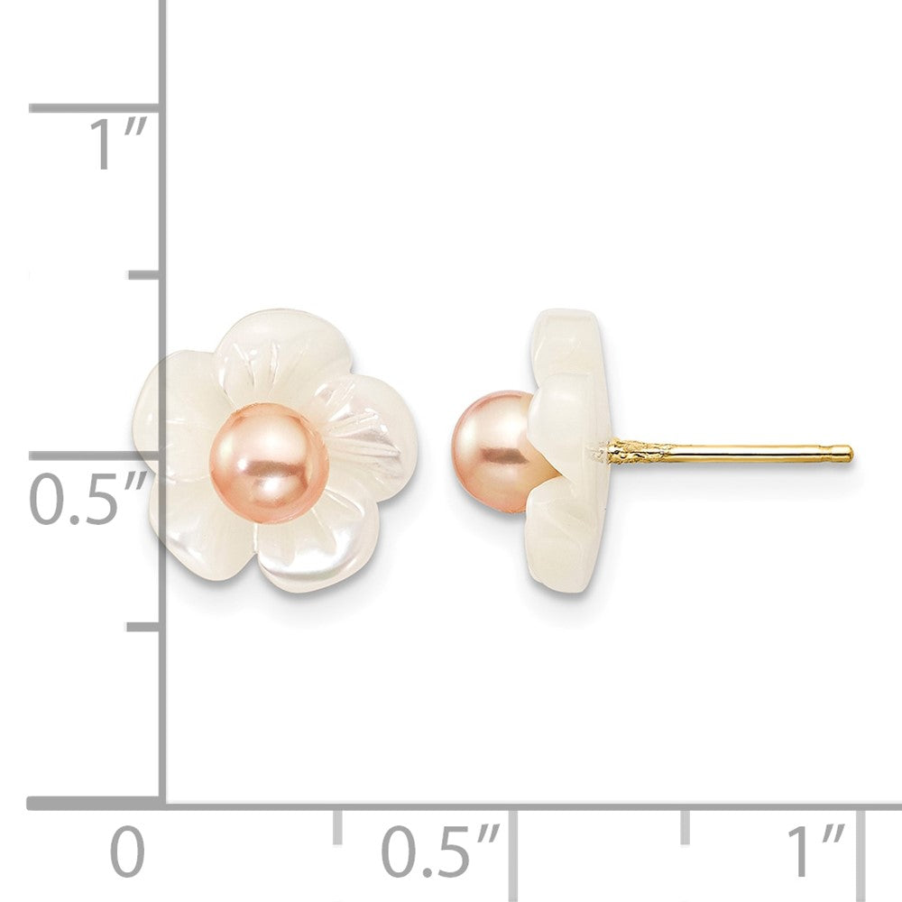 14k 3-4mm Pink FW Cultured Pearl w/10mm MOP Flower Post Earrings