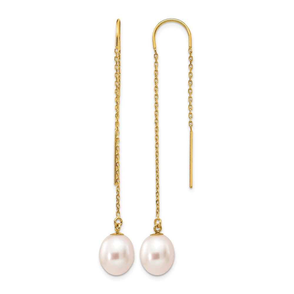 14k 7-8mm White Rice Freshwater Cultured Pearl Dangle Threader Earrings
