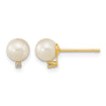 14k 5-5.5mm White Round Freshwater Cultured Pearl CZ Post Earrings