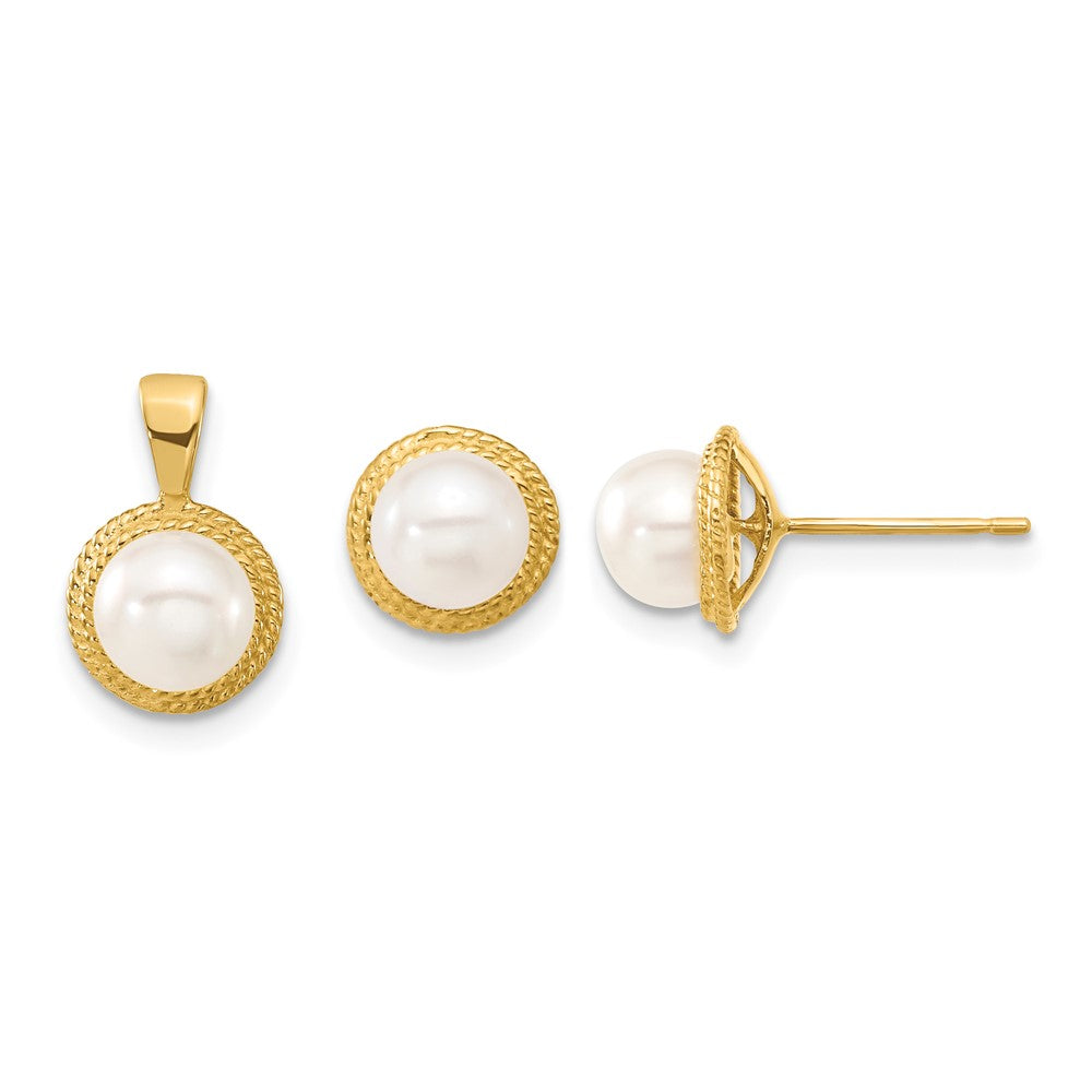 14k 5-6mm White Button FWC Pearl Earring and Pendant Set
