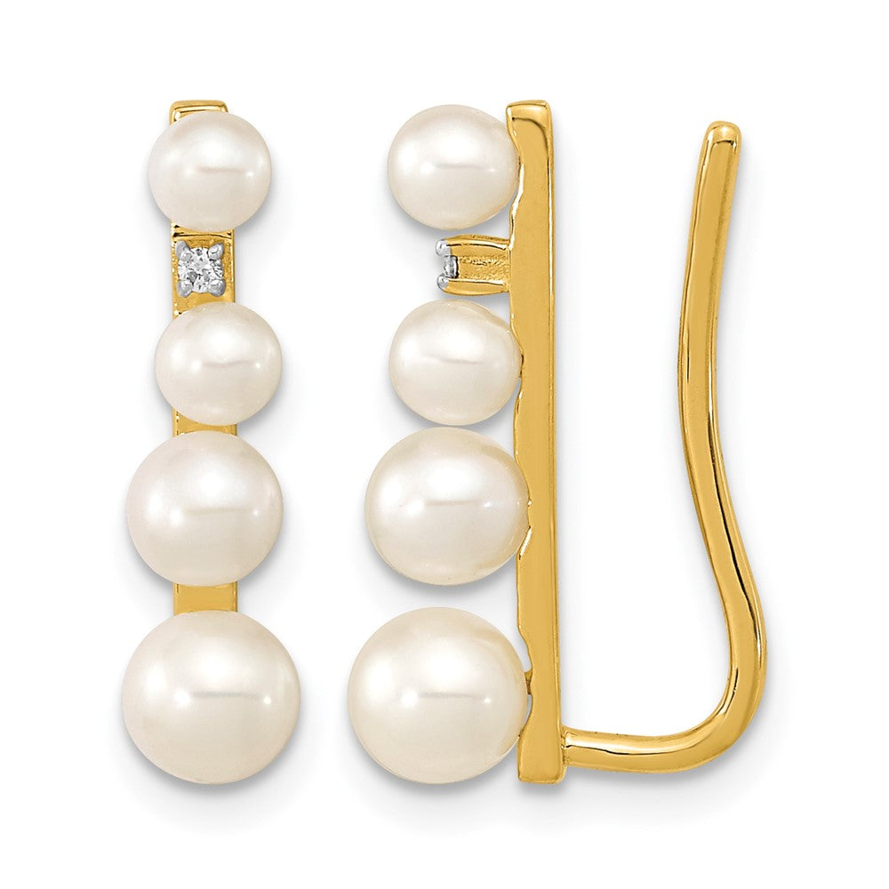 14k 3-5mm FW Cultured Pearl .016ct Diamond Ear Climber Earrings