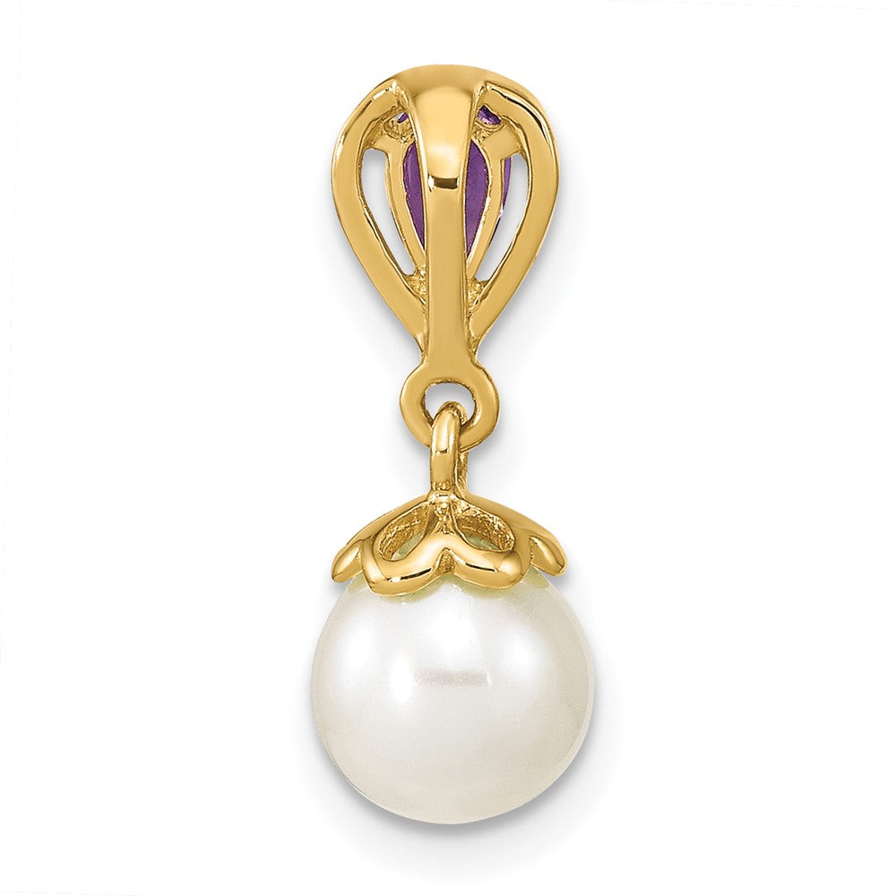 14K Gold w/ Amethyst & Freshwater Cultured Pearl Polished Chain Slide