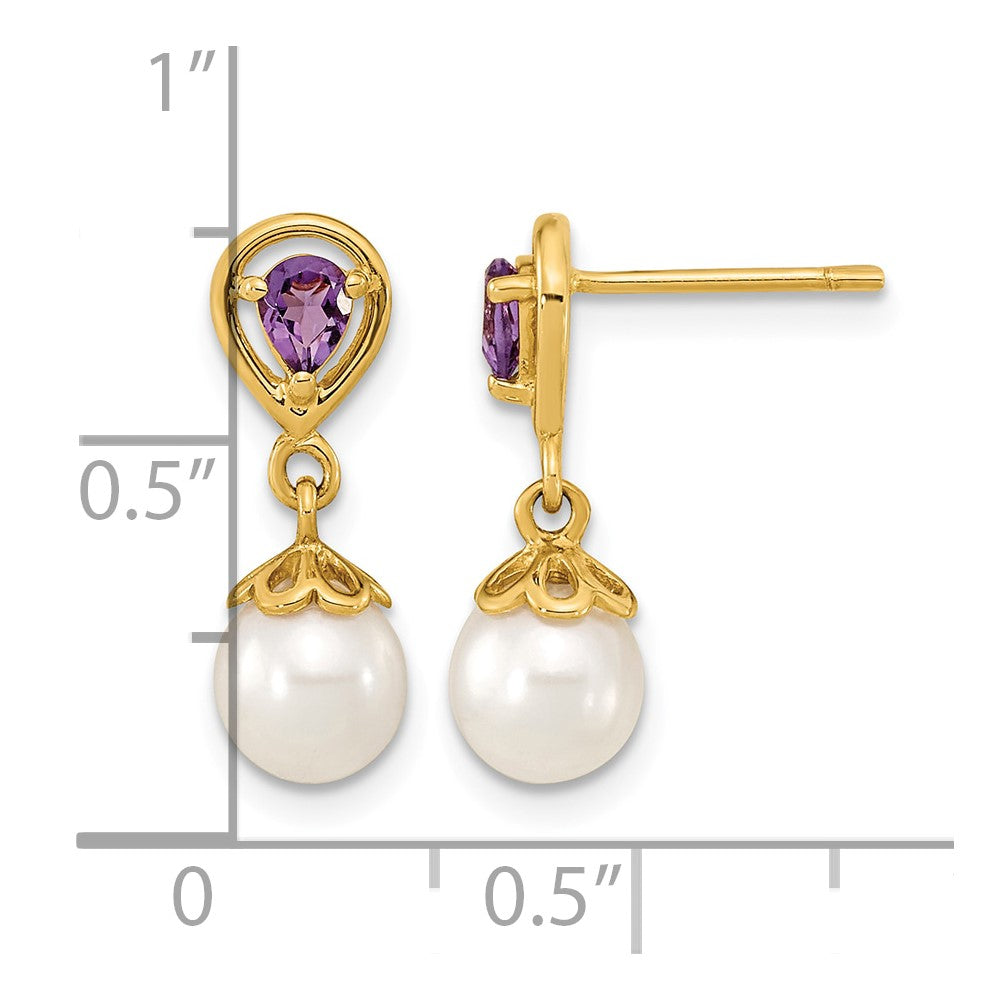 14K 6-7mm White Round FWC Pearl Amethyst Post Dangle Earrings
