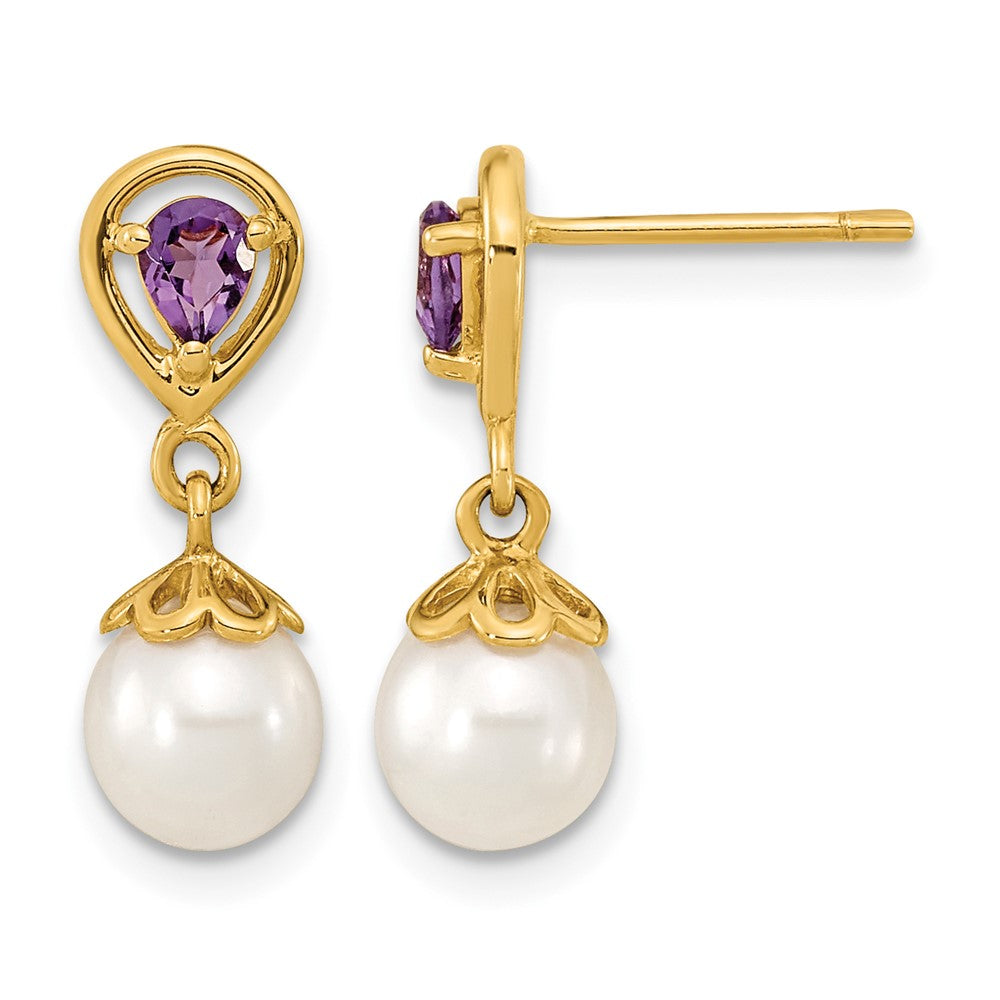 14K 6-7mm White Round FWC Pearl Amethyst Post Dangle Earrings