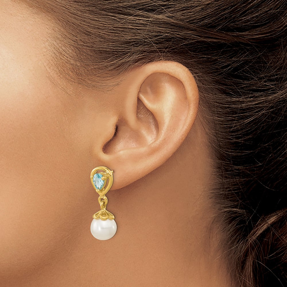 14K 6-7mm FWC Pearl Light Swiss Blue Topaz Dangle Post Earrings