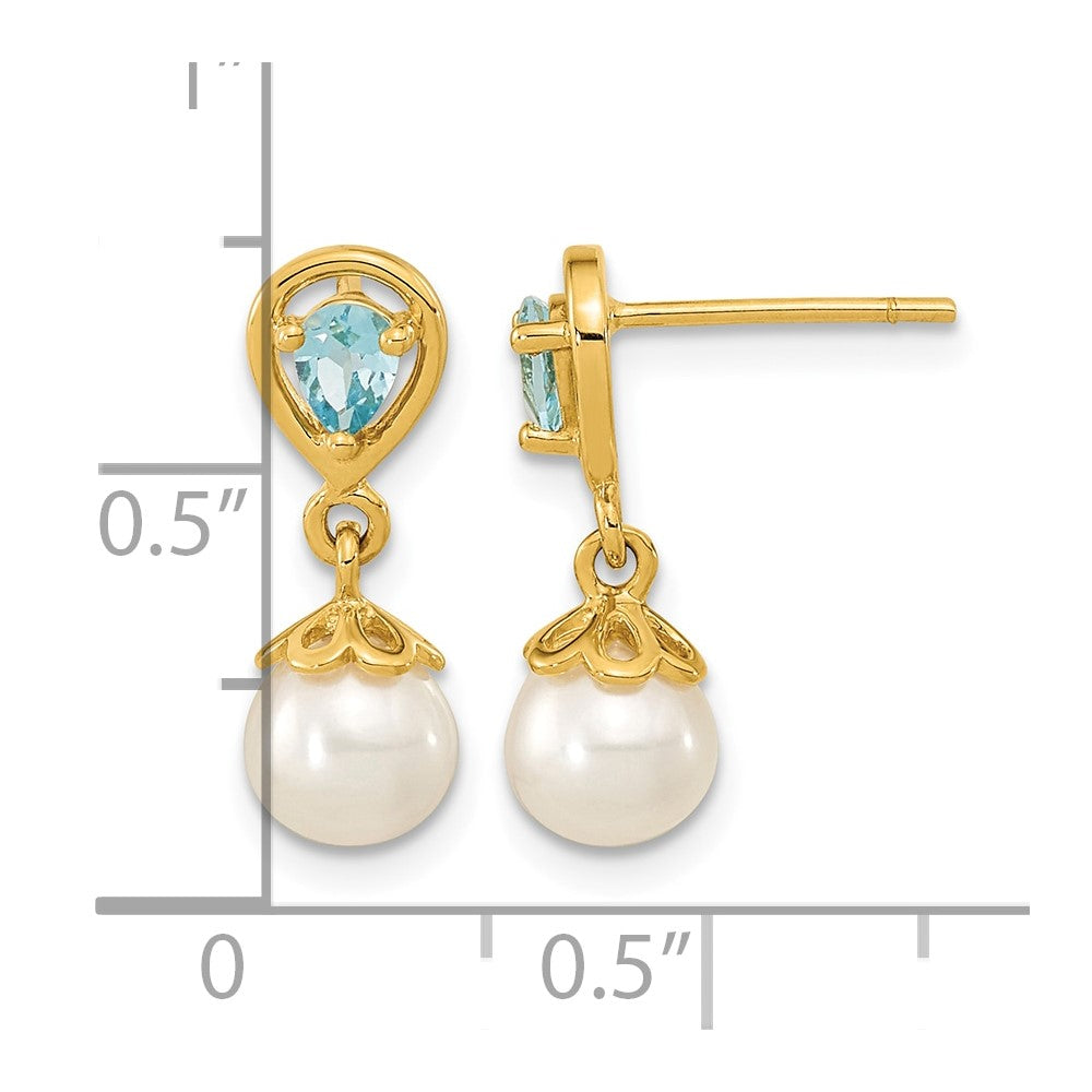14K 6-7mm FWC Pearl Light Swiss Blue Topaz Dangle Post Earrings