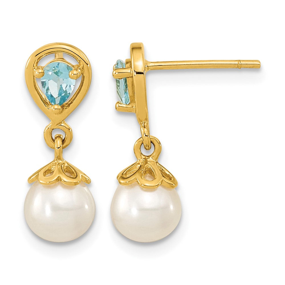 14K 6-7mm FWC Pearl Light Swiss Blue Topaz Dangle Post Earrings