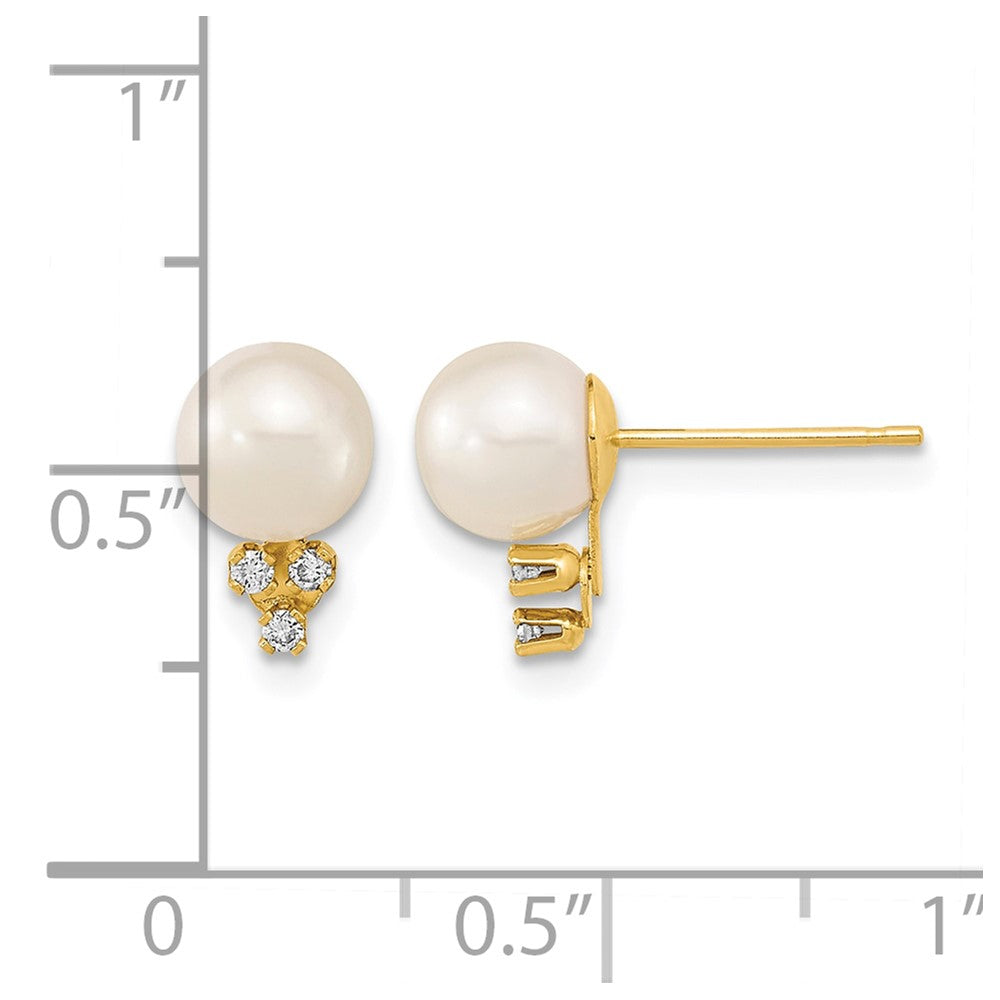 14k 6-7mm White Round Freshwater Cultured Pearl .06ct Diamond Post Earrings
