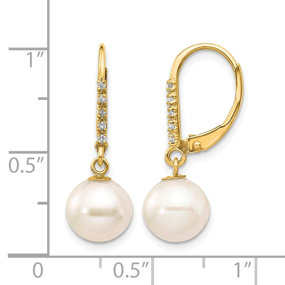 14k 8-9mm White Round FWC Pearl .05ct Diamond Leverback Earrings
