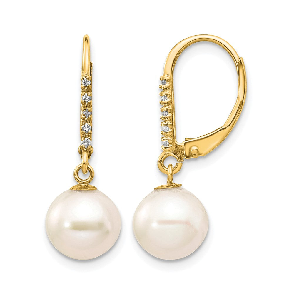 14k 8-9mm White Round FWC Pearl .05ct Diamond Leverback Earrings