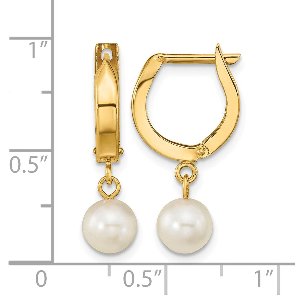 14k 6-7mm White Round Akoya Saltwater Cultured Pearl Hoop Dangle Earrings