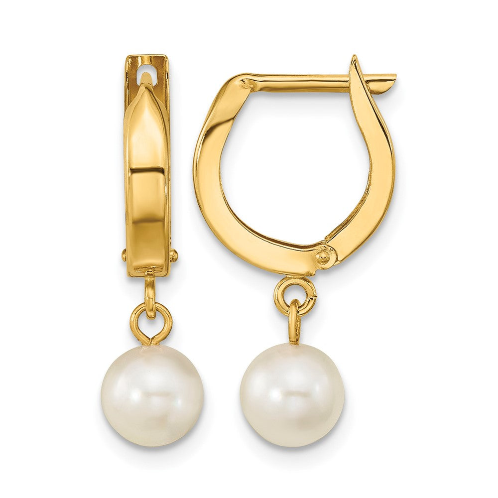 14k 6-7mm White Round Akoya Saltwater Cultured Pearl Hoop Dangle Earrings