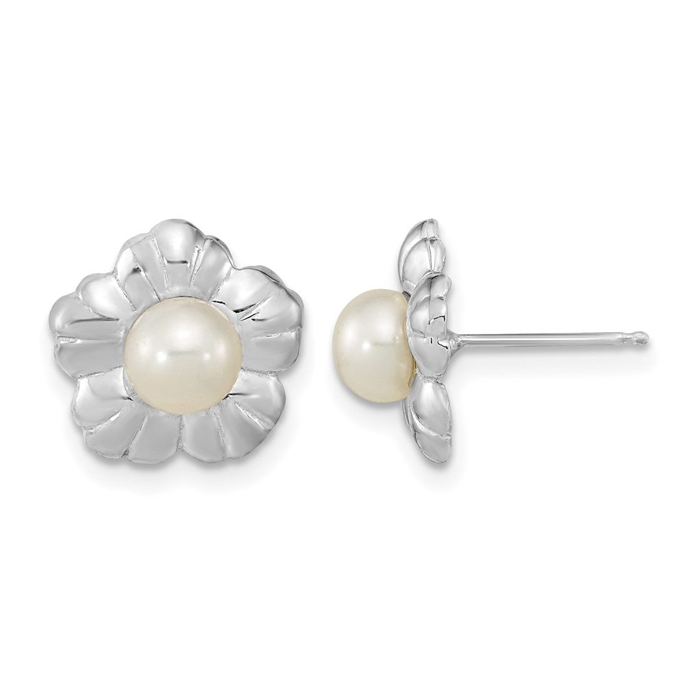 14k White Gold 5-6mm White Button FWC Pearl Flower Post Earrings
