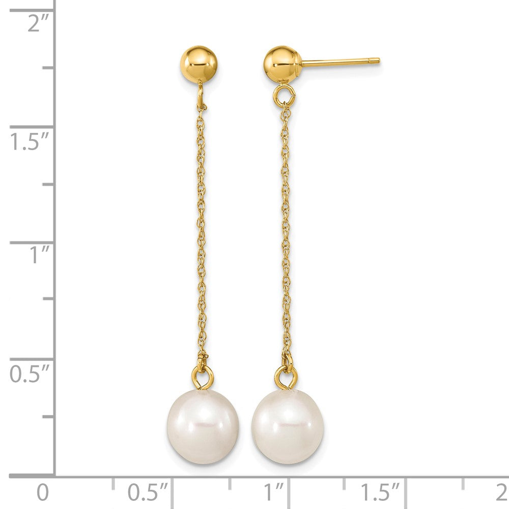 14k 7-8mm White Round Freshwater Cultured Pearl Post Dangle Earrings