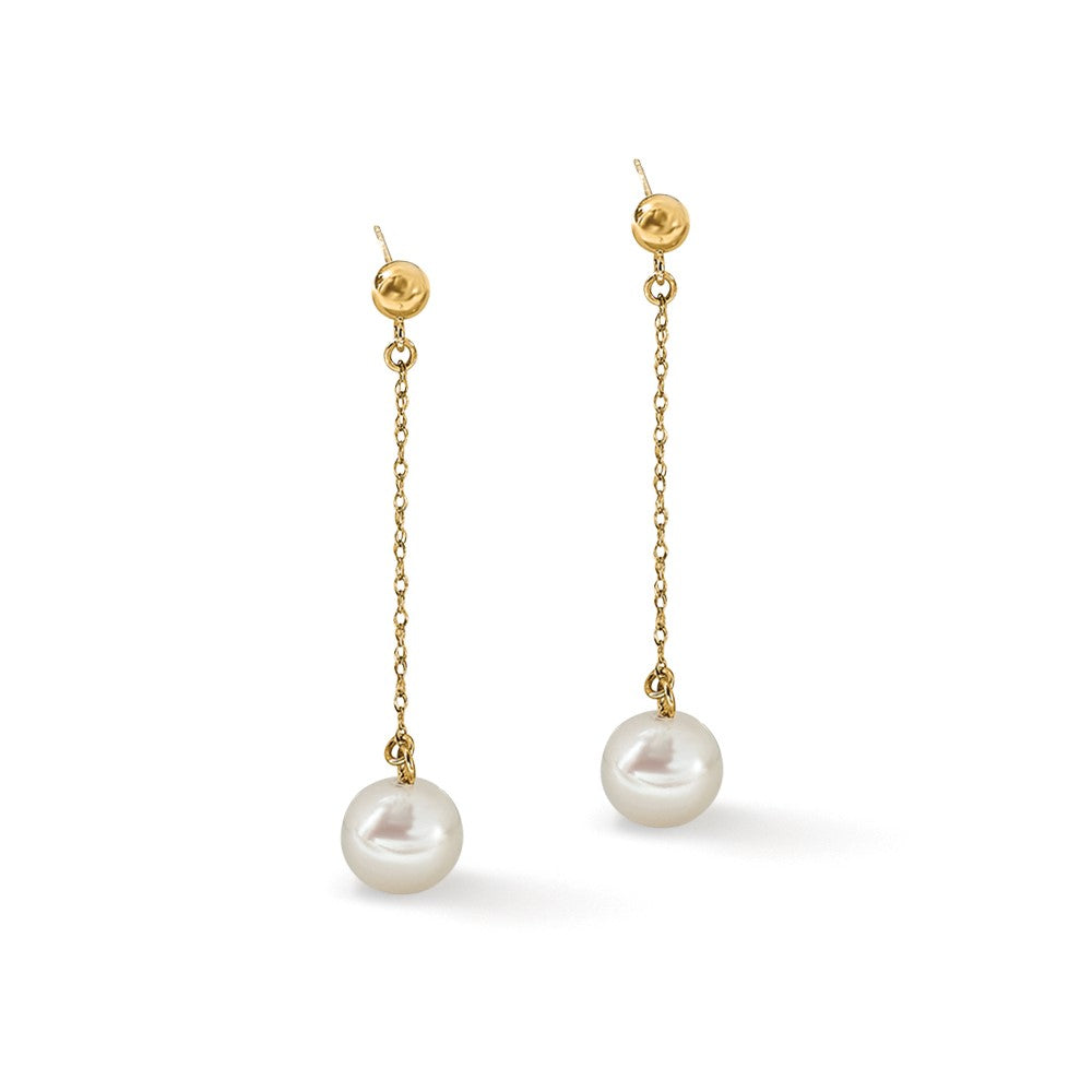 14k 7-8mm White Round Freshwater Cultured Pearl Post Dangle Earrings