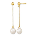 14k 7-8mm White Round Freshwater Cultured Pearl Post Dangle Earrings