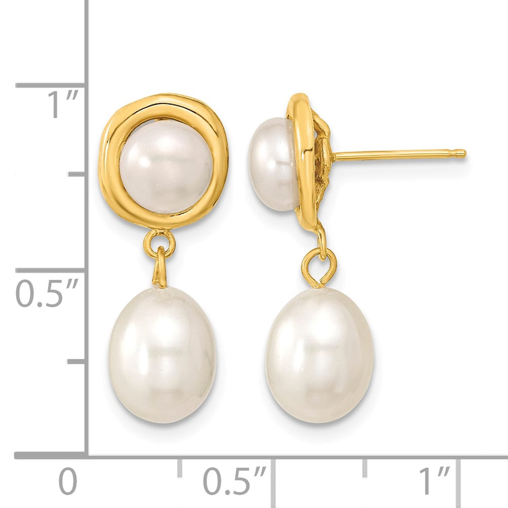 14k 5-7mm White Button/Rice Freshwater Cultured Pearl Dangle Post Earrings