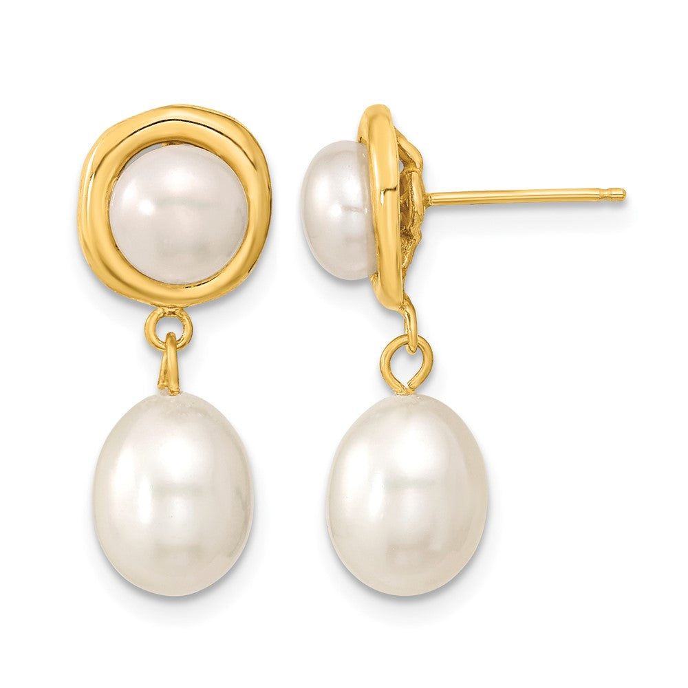 14k 5-7mm White Button/Rice Freshwater Cultured Pearl Dangle Post Earrings
