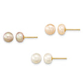 14k 6-7mm Button Freshwater Cultured Pearl Boxed 3 pair Post Earrings Set
