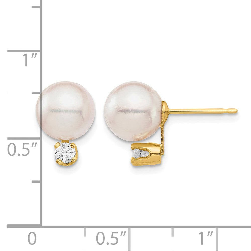 14K 8-9mm White Round Saltwater Akoya Cultured Pearl Diamond Post Earrings