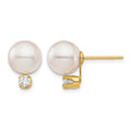 14K 8-9mm White Round Saltwater Akoya Cultured Pearl Diamond Post Earrings