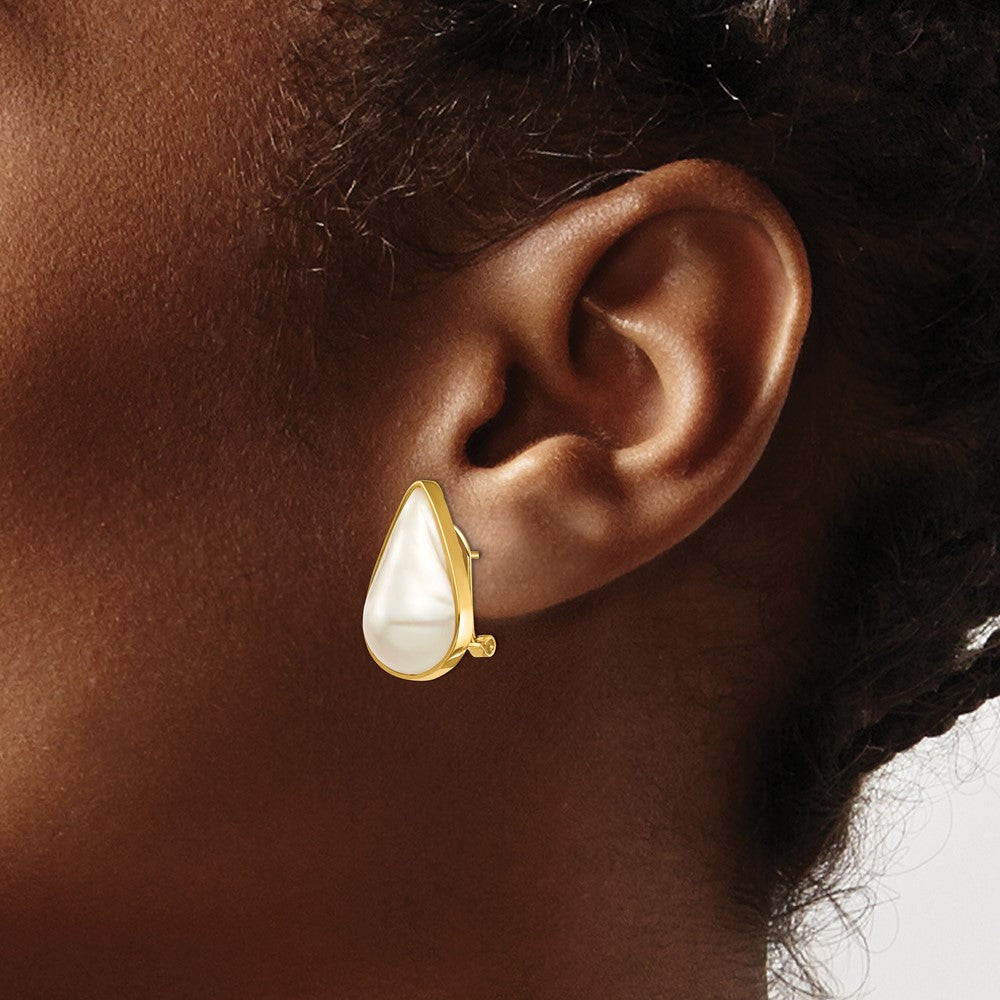 14K 12x20 White Pear Saltwater Cultured Mabe Pearl Omega Back Earrings