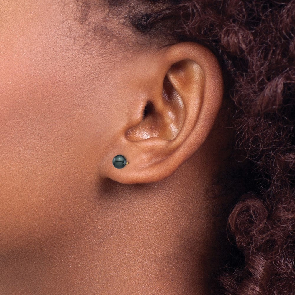 14K 5-6mm Round Black Saltwater Akoya Cultured Pearl Stud Post Earrings