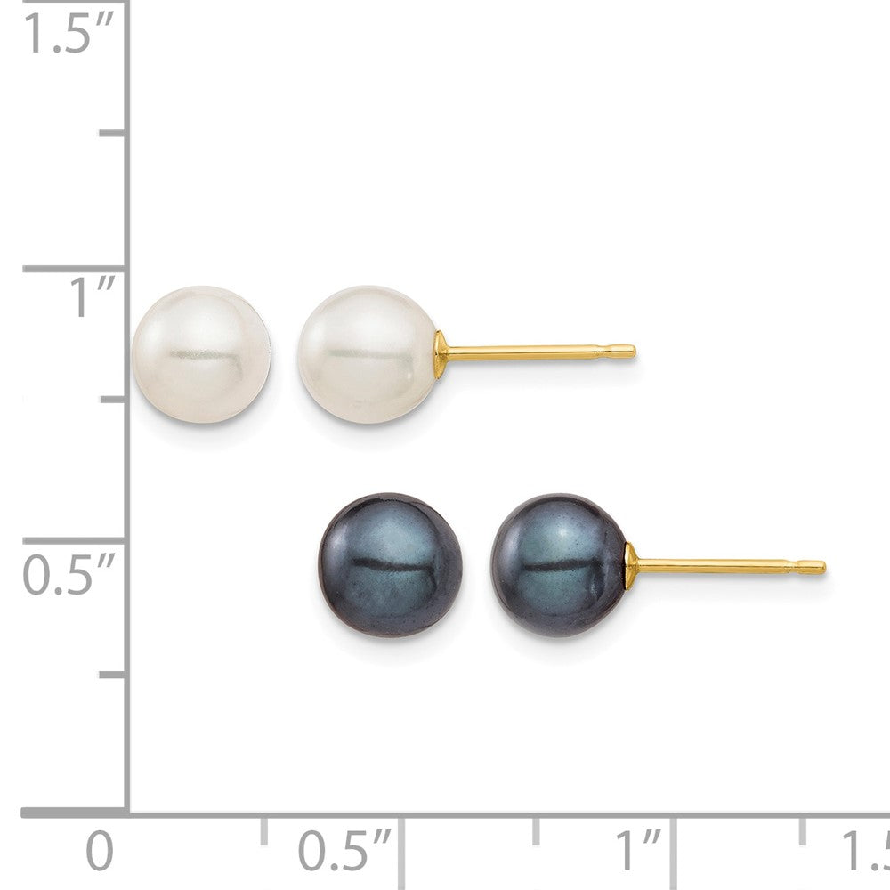 14K 6-7mm White & Black Round FWC Pearl 2 pair Stud Post Earrings Set