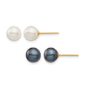 14K 6-7mm White & Black Round FWC Pearl 2 pair Stud Post Earrings Set