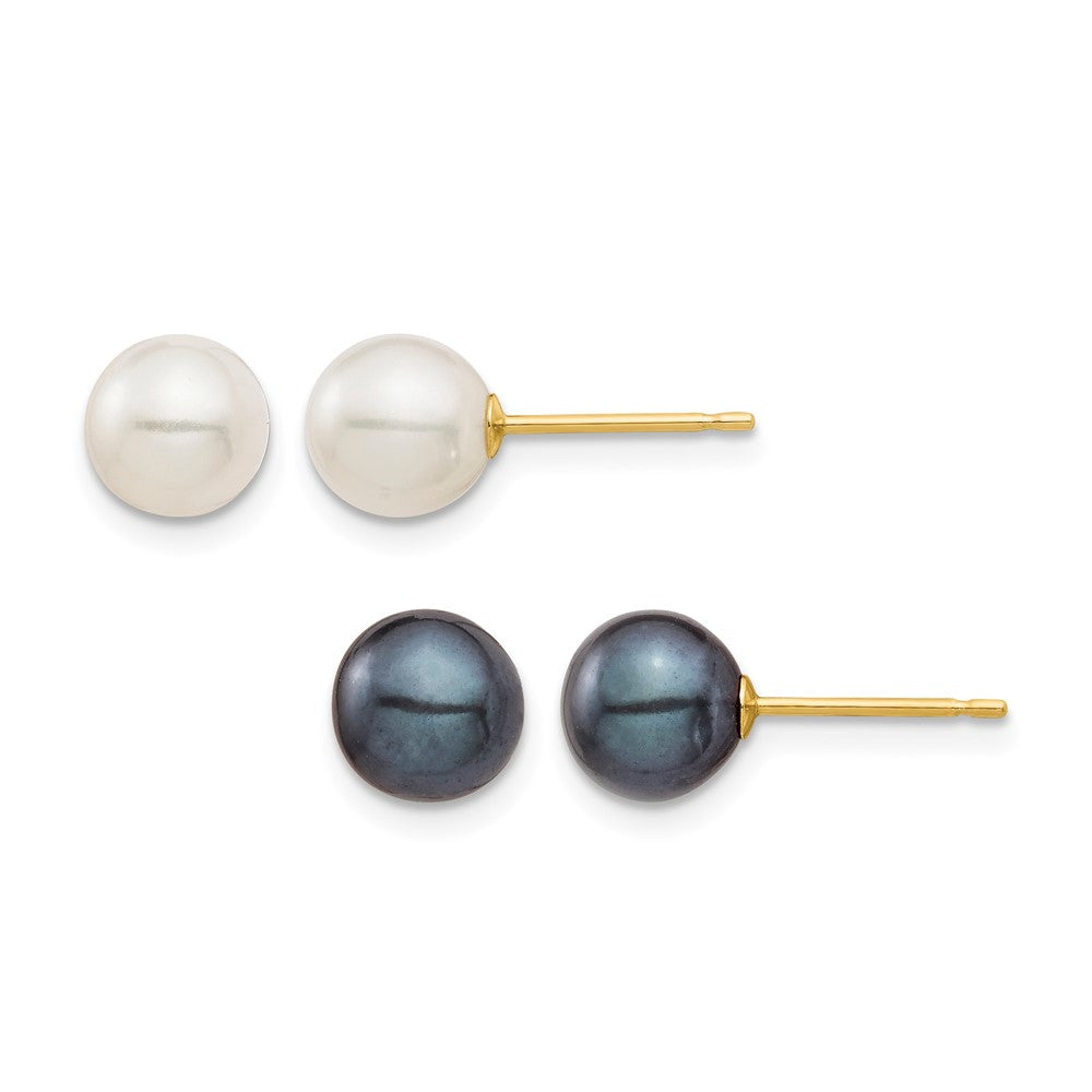 14K 6-7mm White & Black Round FWC Pearl 2 pair Stud Post Earrings Set