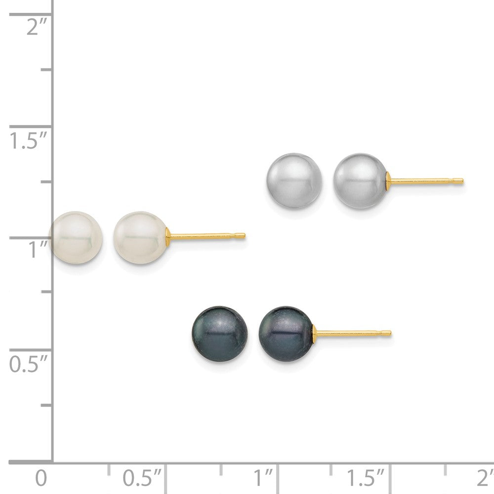 14k 6-6.5mm White/Grey/Black Round FWC Pearl 3 pair Stud Post Earrings Set