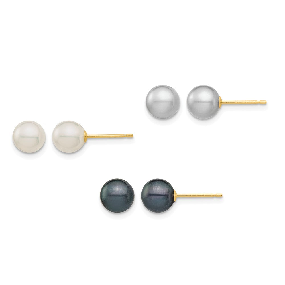 14k 6-6.5mm White/Grey/Black Round FWC Pearl 3 pair Stud Post Earrings Set