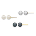 14k 6-6.5mm White/Grey/Black Round FWC Pearl 3 pair Stud Post Earrings Set