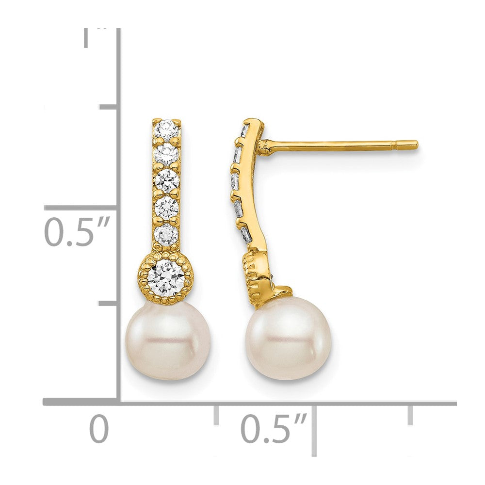 14K 6mm White Semi-round Freshwater Cultured Pearl CZ Post Drop Earrings