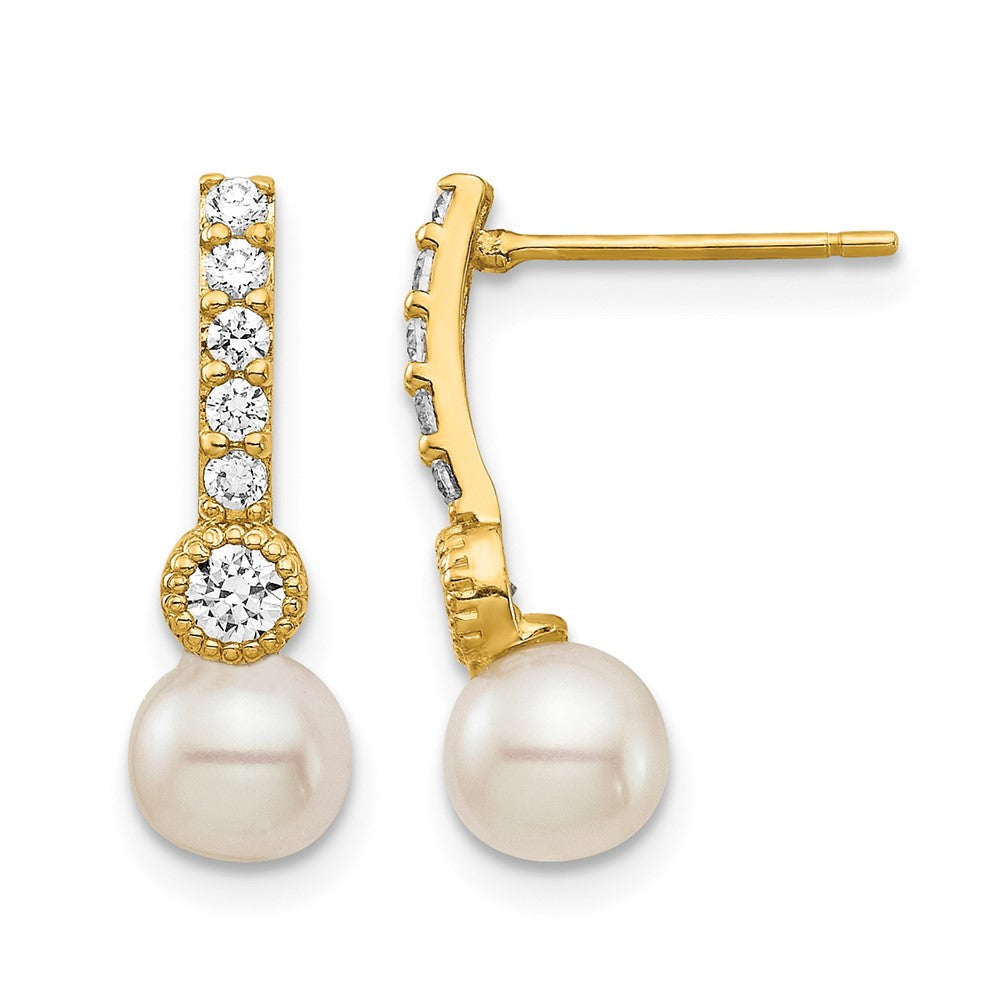 14K 6mm White Semi-round Freshwater Cultured Pearl CZ Post Drop Earrings