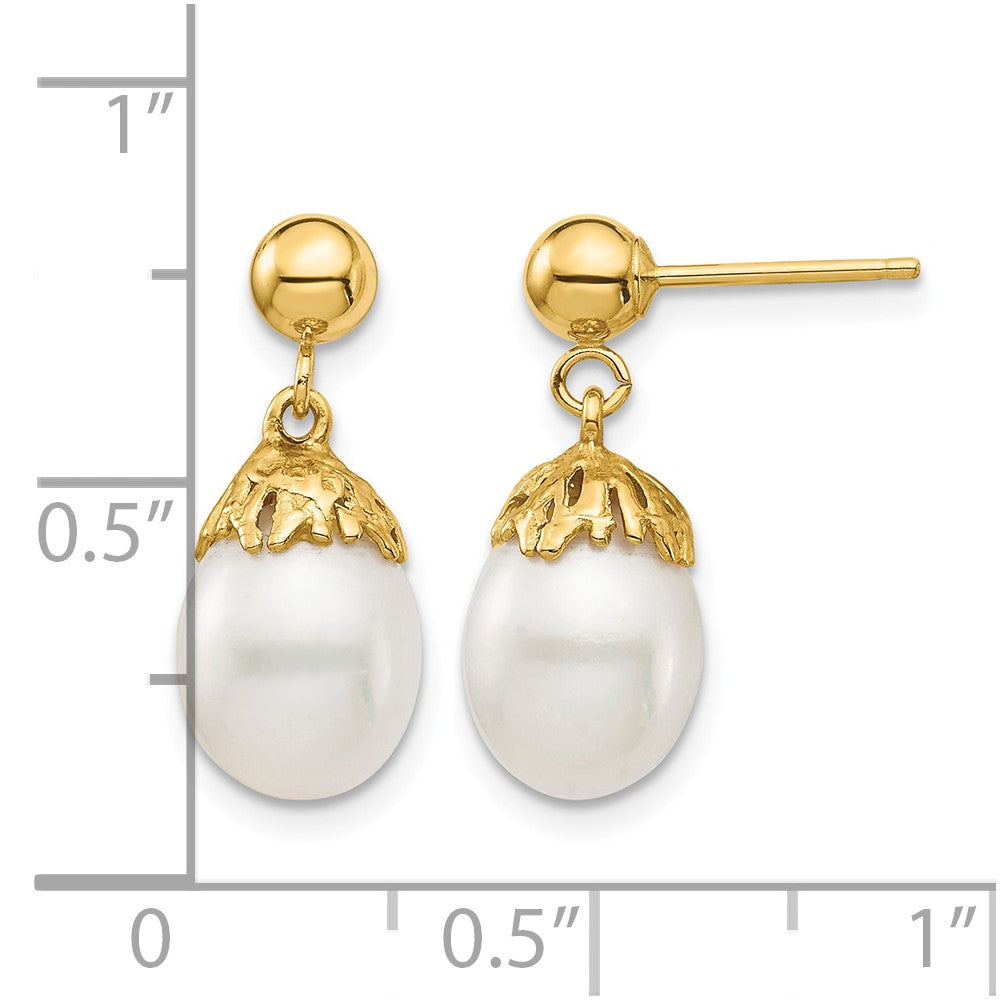 14K 7-8mm White Rice Freshwater Cultured Pearl Post Dangle Earrings