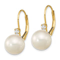14K 9-9.5mm White Round FWC Pearl .10ct Diamond Leverback Earrings