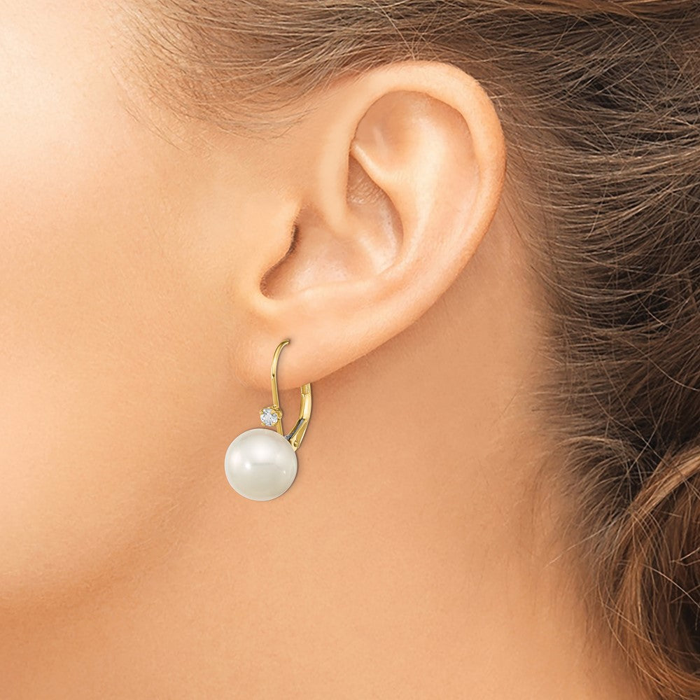 14K 9-9.5mm White Round FWC Pearl .10ct Diamond Leverback Earrings