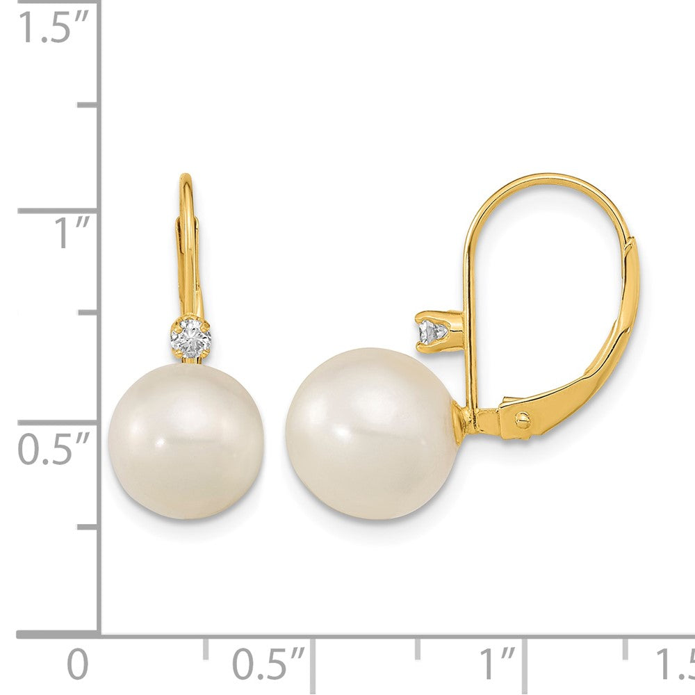 14K 9-9.5mm White Round FWC Pearl .10ct Diamond Leverback Earrings