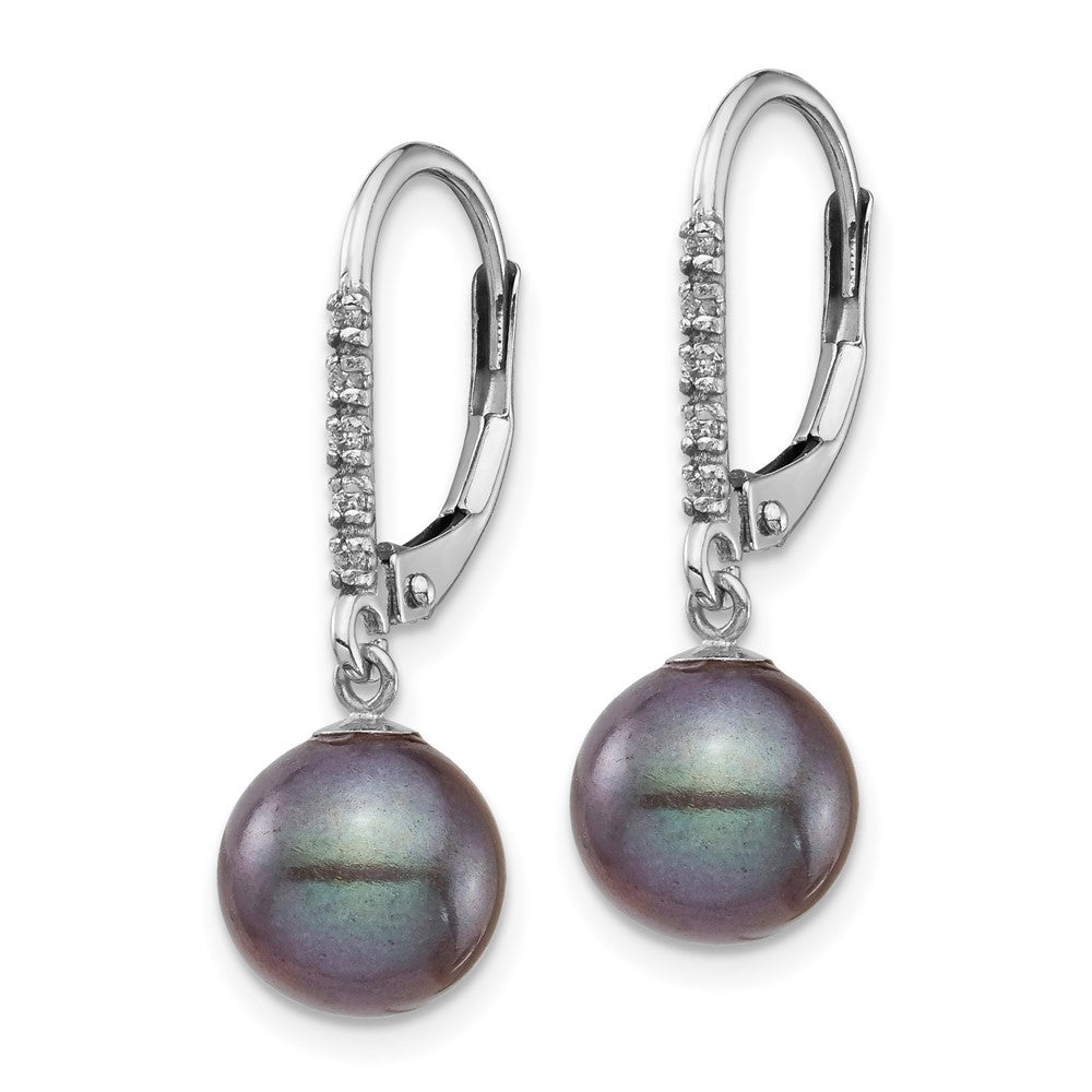 14k White Gold 8-9mm Black FWC Pearl .05ct Diamond Leverback Earrings