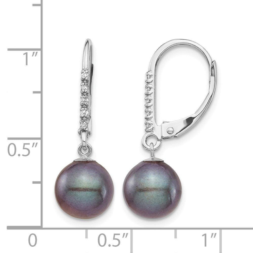 14k White Gold 8-9mm Black FWC Pearl .05ct Diamond Leverback Earrings