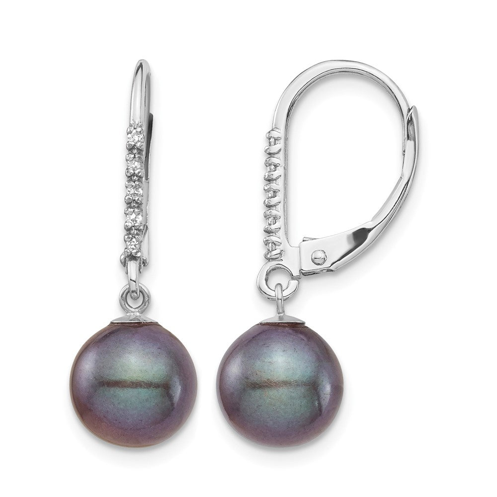 14k White Gold 8-9mm Black FWC Pearl .05ct Diamond Leverback Earrings