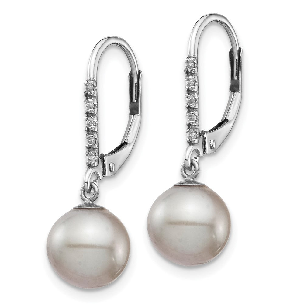14k White Gold 8-9mm Grey FWC Pearl .05ct Diamond Leverback Earrings