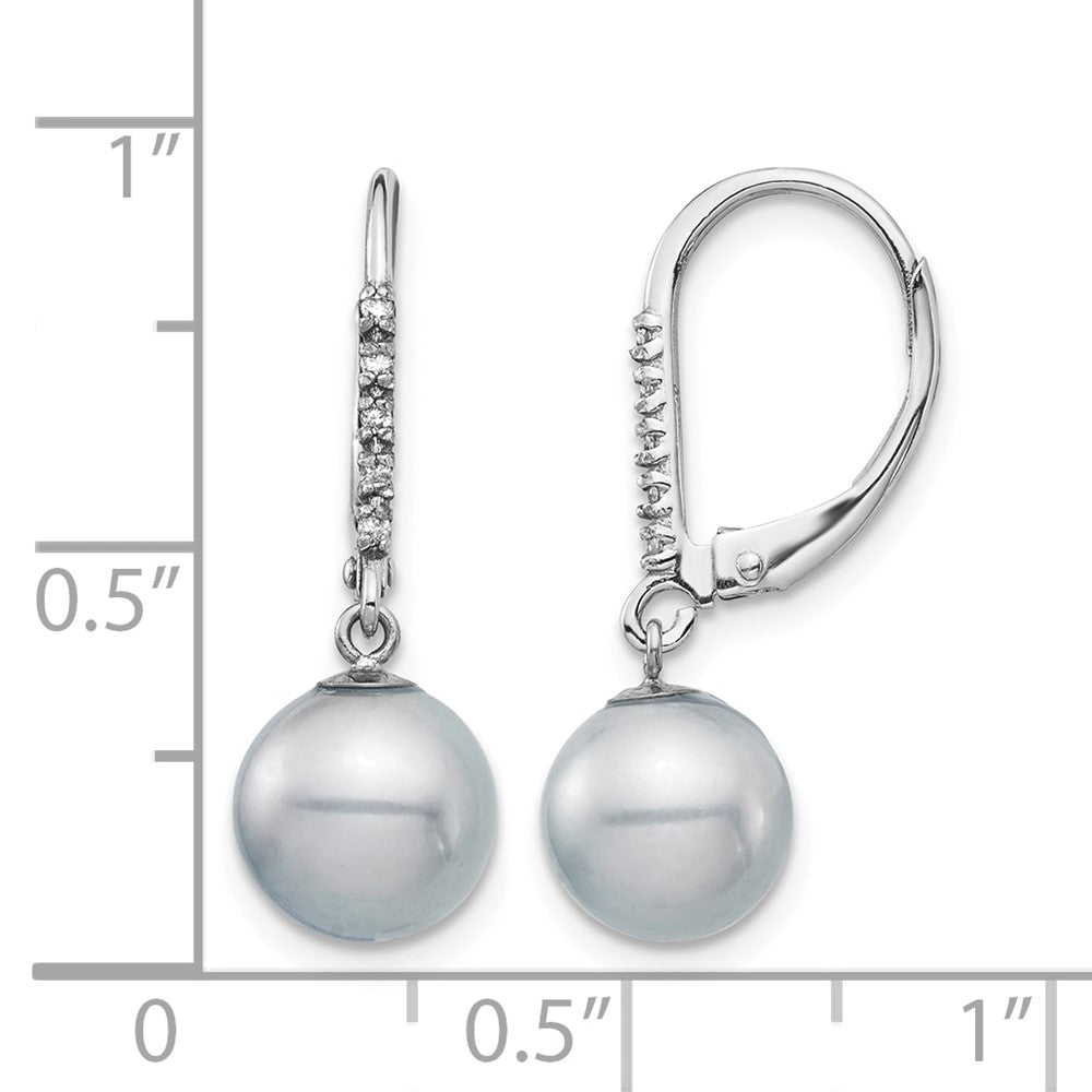 14k White Gold 8-9mm Grey FWC Pearl .05ct Diamond Leverback Earrings