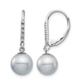 14k White Gold 8-9mm Grey FWC Pearl .05ct Diamond Leverback Earrings