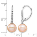 14k White Gold 8-9mm Pink FWC Pearl .05ct Diamond Leverback Earrings