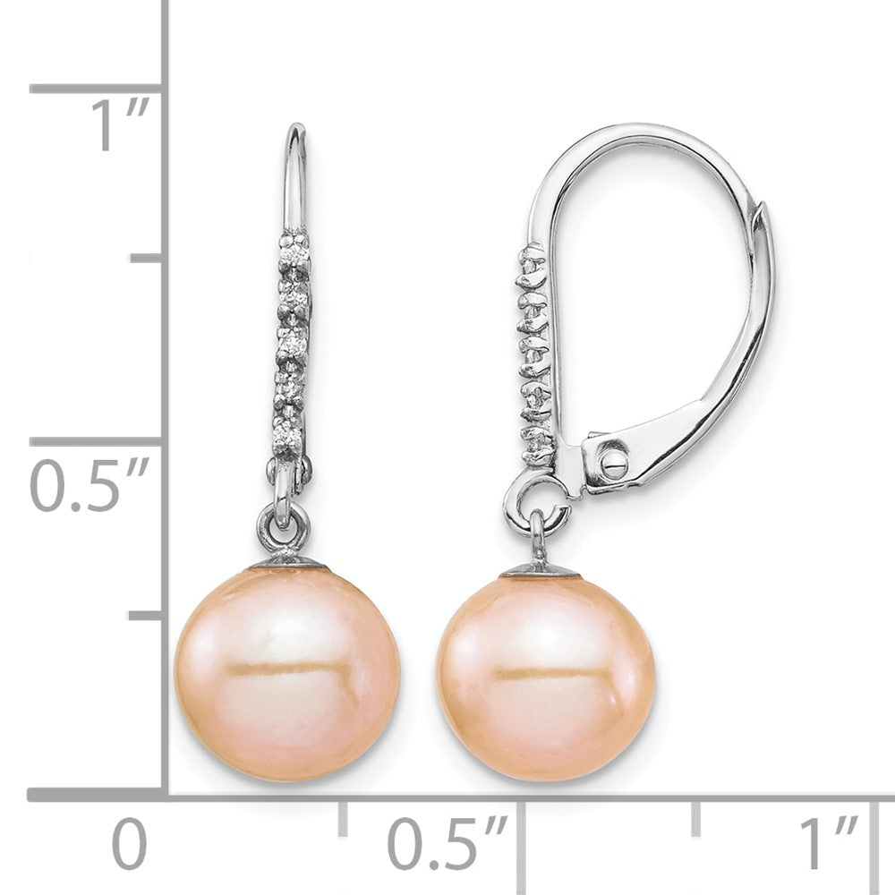 14k White Gold 8-9mm Pink FWC Pearl .05ct Diamond Leverback Earrings