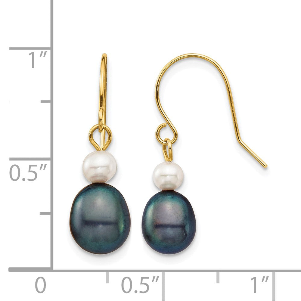14k 4-7mm White/Black Round/Rice FW Culutured Pearl Dangle Earrings