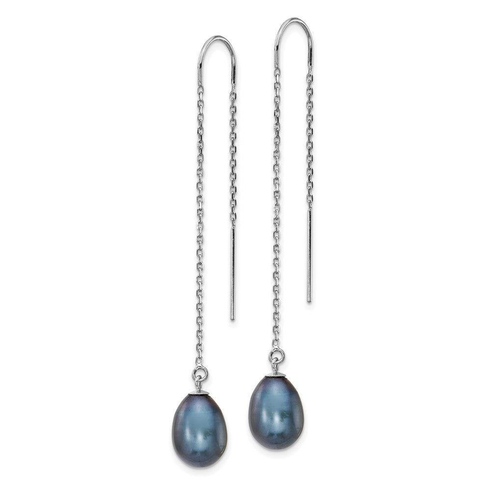 14K White Gold 7-8mm Black Teardrop FW Cultured Pearl Threader Earrings